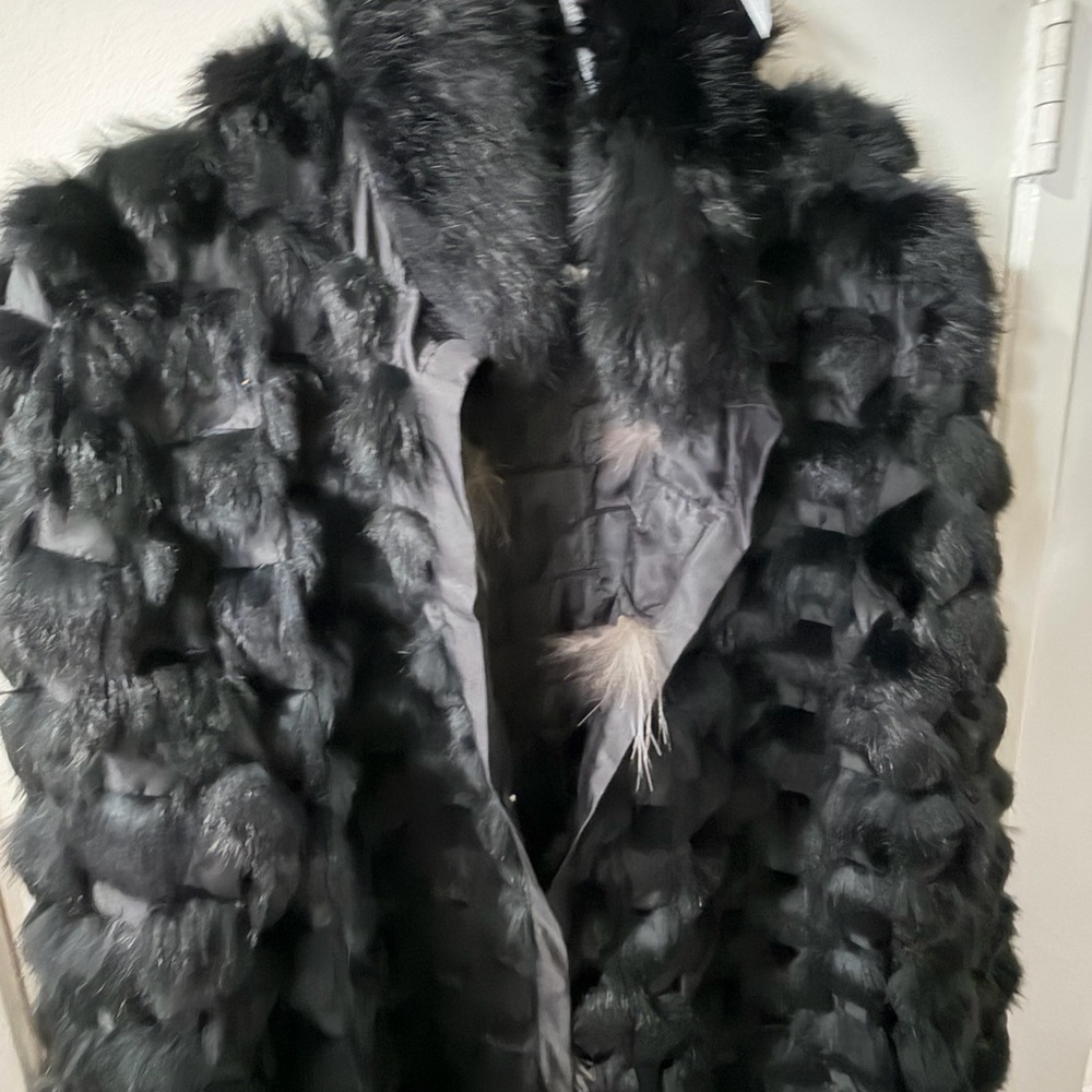 Real Rabbit Fur Coat Long Black Medium EUC - Picture 2 of 6